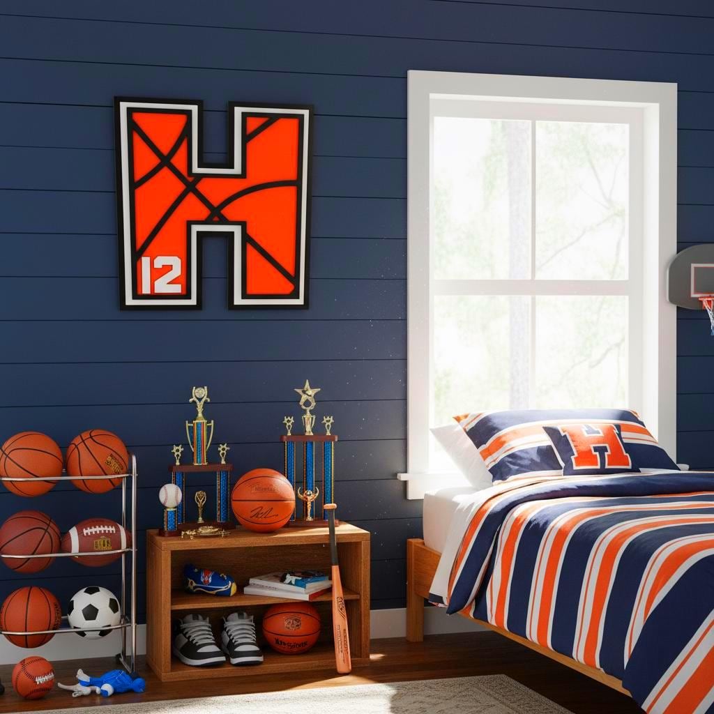 Personalized Basketball Letter Sign: Custom Jersey Letter & Number, Multiple Layer Wood Handmade 3D Wood Sign