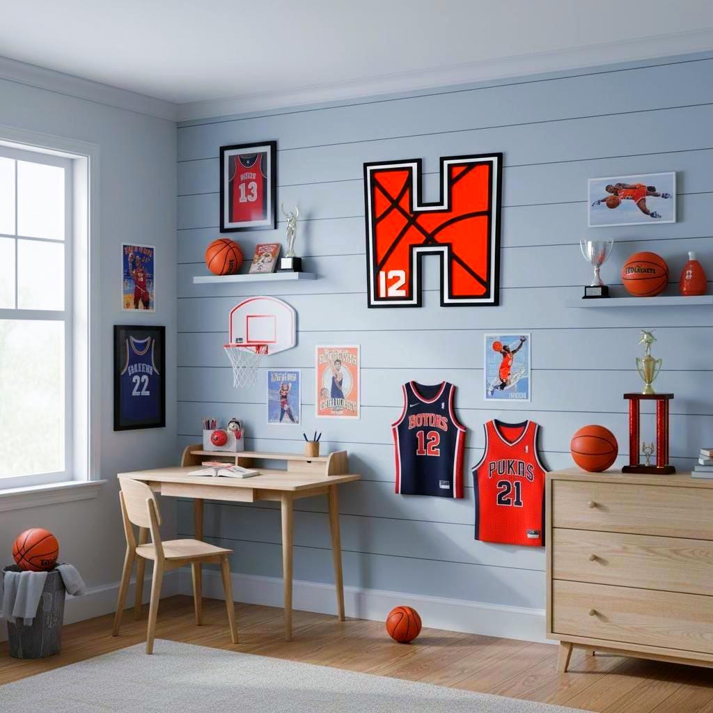 Personalized Basketball Letter Sign: Custom Jersey Letter & Number, Multiple Layer Wood Handmade 3D Wood Sign