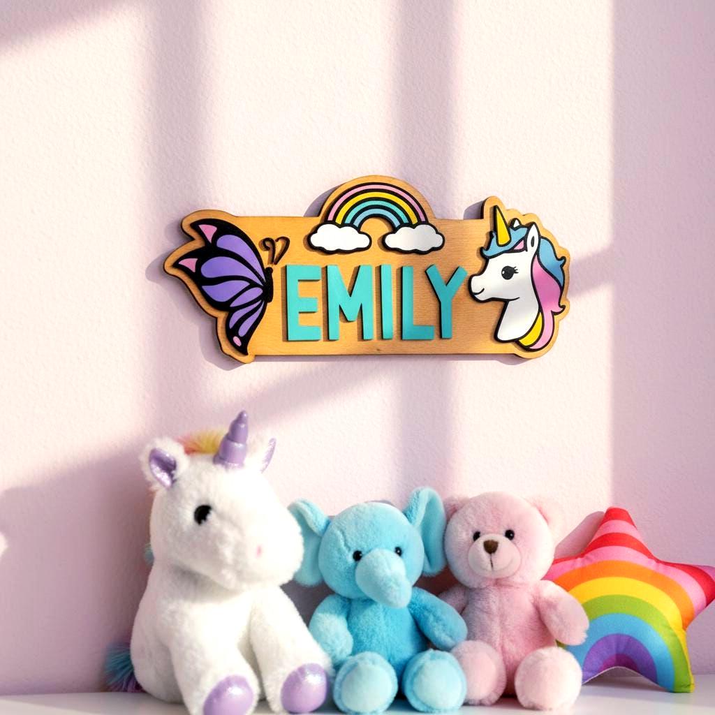 Personalized Unicorn Name Sign – Rainbow Butterfly Wood Decor Custom Kids/Nursery Decor
