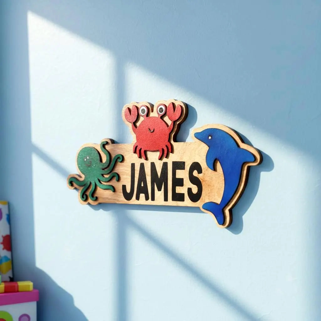 Ocean Animal Name Sign – Personalized Kids Wall Decor – Octopus, Crab & Dolphin Cutouts