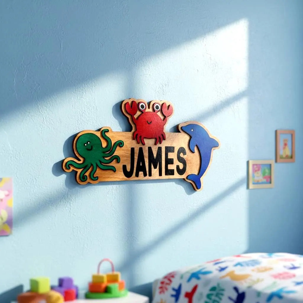 Ocean Animal Name Sign – Personalized Kids Wall Decor – Octopus, Crab & Dolphin Cutouts