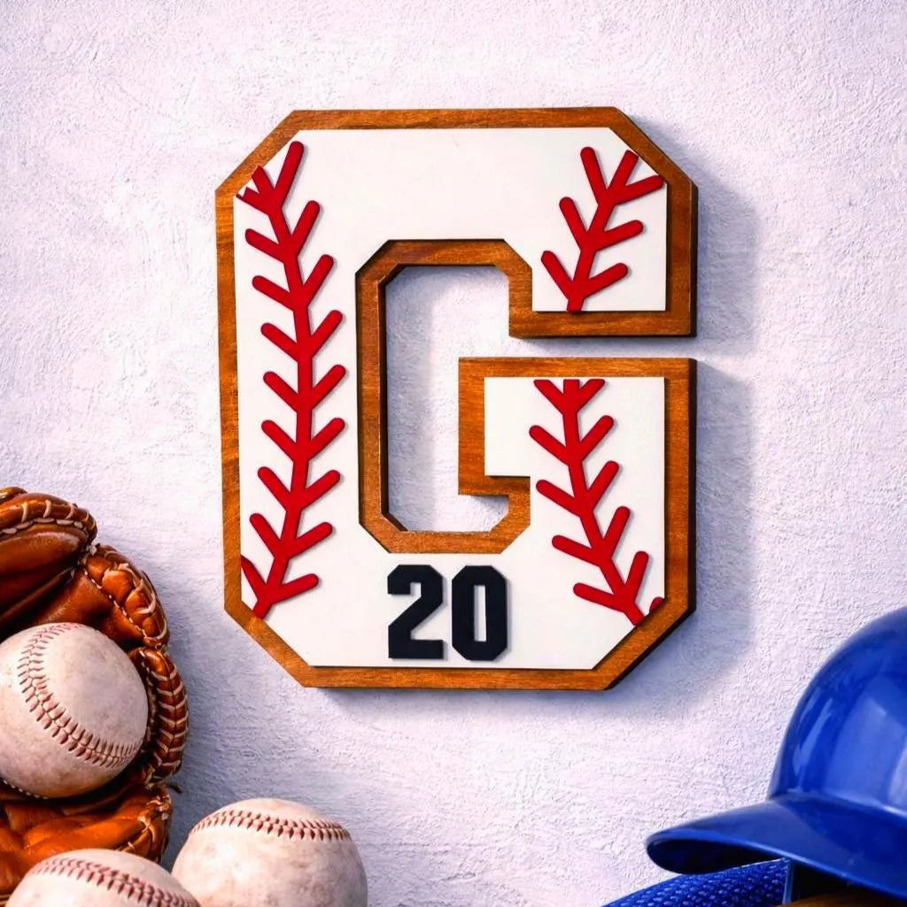 Personalized Baseball Letter Sign with Custom Number • Wooden Sports Wall Hanging • Baseball Room Decor