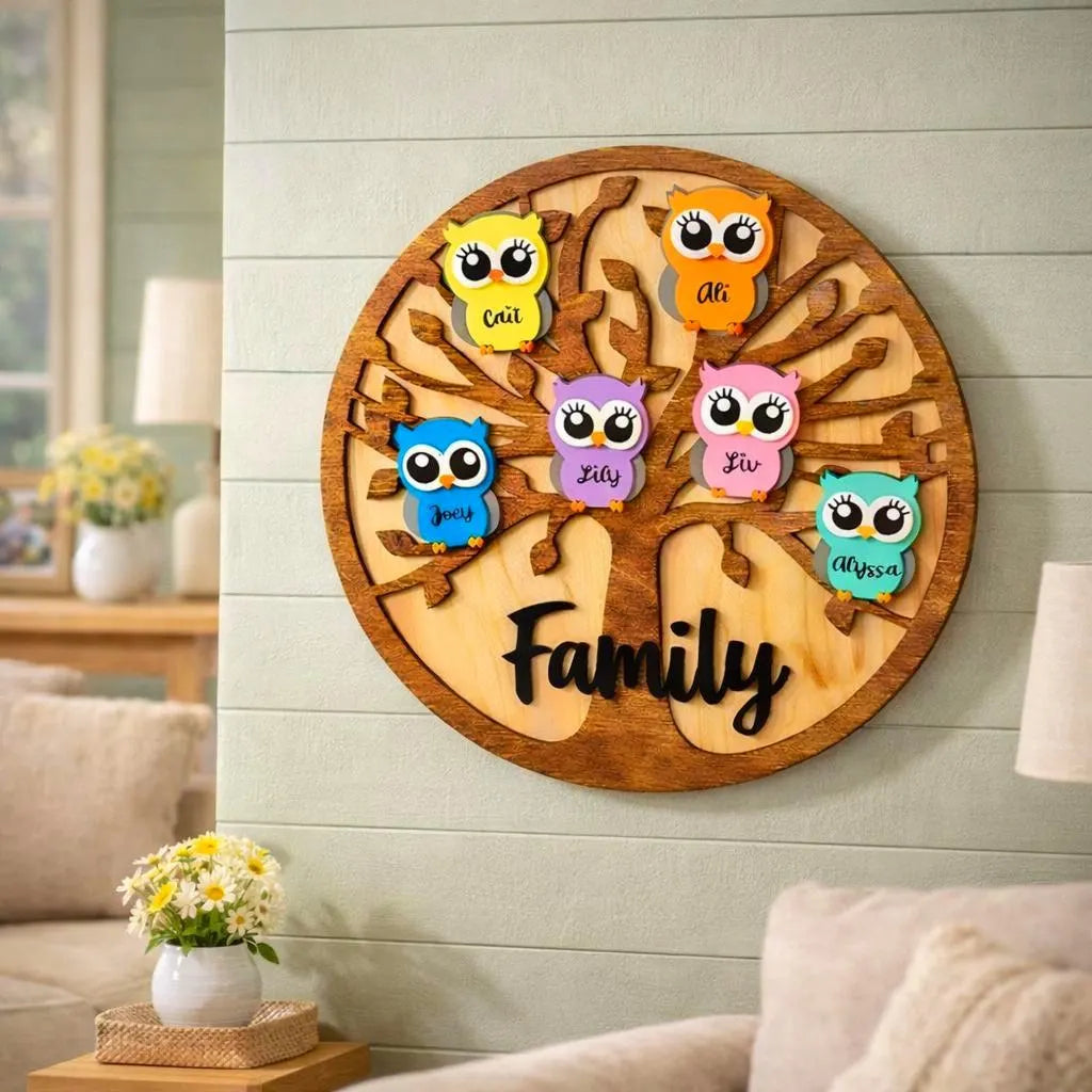 Personalized Grandchildren/Family Owl Tree Sign: Custom Wood Tree, Grandma Gift Handmade 3D Wood Sign
