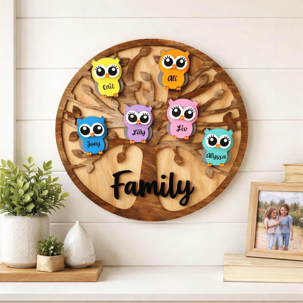 Personalized Grandchildren/Family Owl Tree Sign: Custom Wood Tree, Grandma Gift Handmade 3D Wood Sign