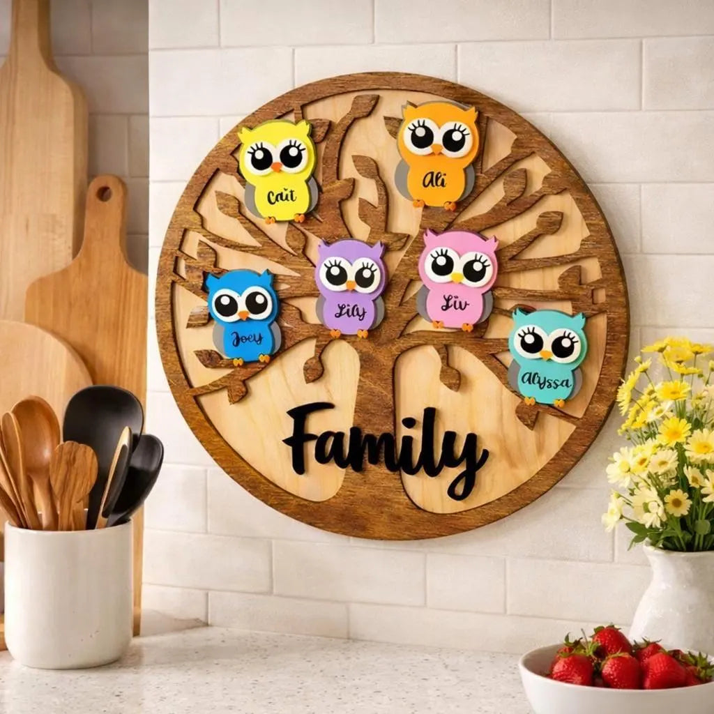 Personalized Grandchildren/Family Owl Tree Sign: Custom Wood Tree, Grandma Gift Handmade 3D Wood Sign