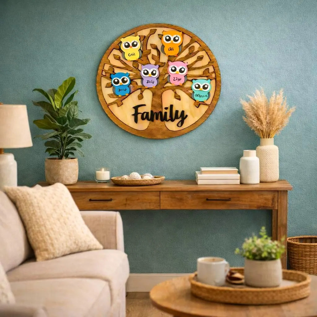 Personalized Grandchildren/Family Owl Tree Sign: Custom Wood Tree, Grandma Gift Handmade 3D Wood Sign