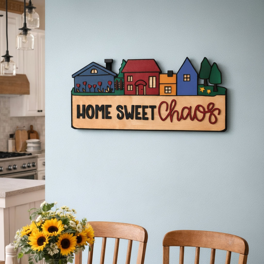 Home Sweet Chaos Sign • Handmade Layered Wood House Scene Decor • Colorful Family Home Gift Handmade 3D Wood Sign