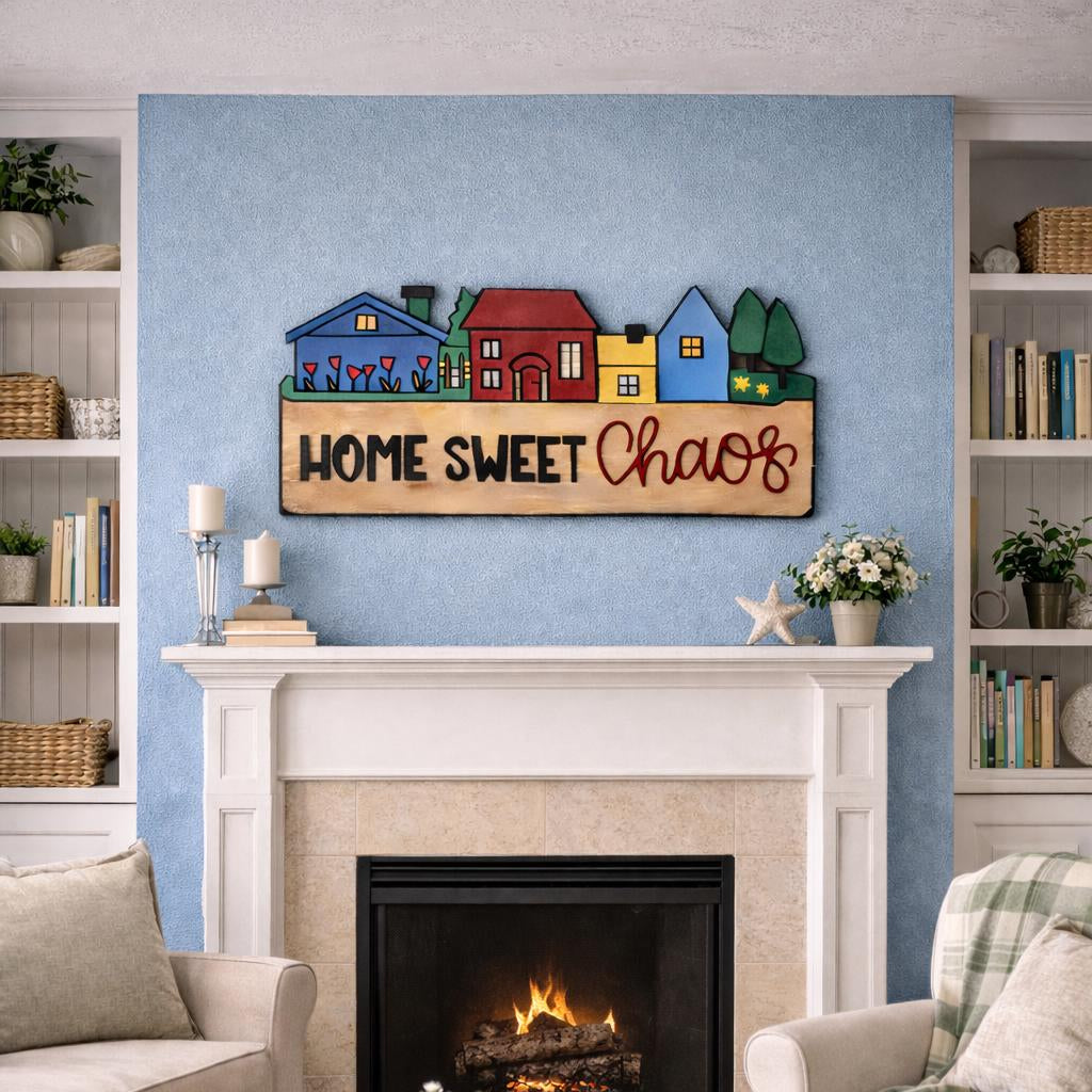 Home Sweet Chaos Sign • Handmade Layered Wood House Scene Decor • Colorful Family Home Gift Handmade 3D Wood Sign