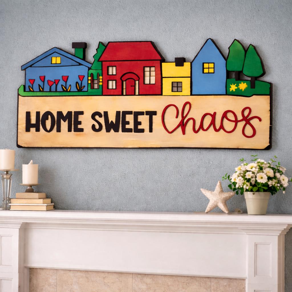 Home Sweet Chaos Sign • Handmade Layered Wood House Scene Decor • Colorful Family Home Gift Handmade 3D Wood Sign