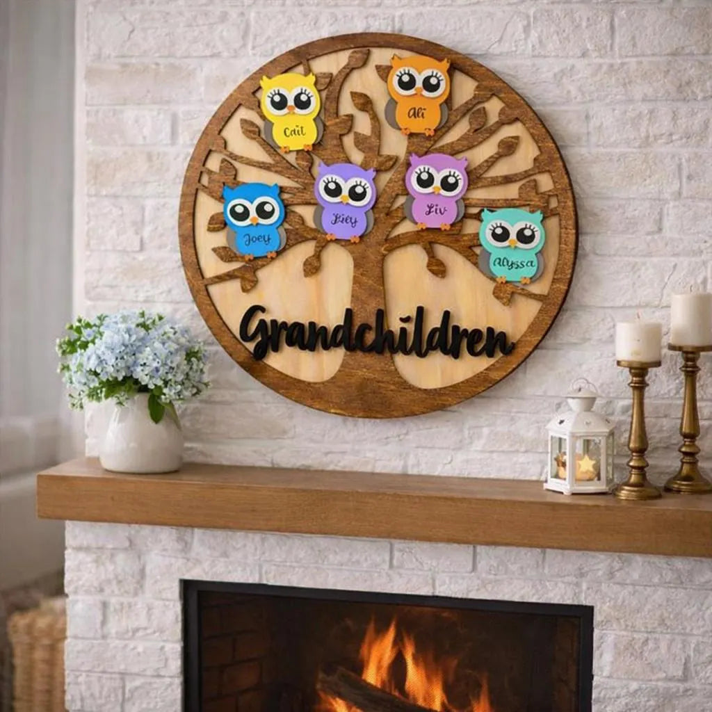 Personalized Grandchildren/Family Owl Tree Sign: Custom Wood Tree, Grandma Gift Handmade 3D Wood Sign