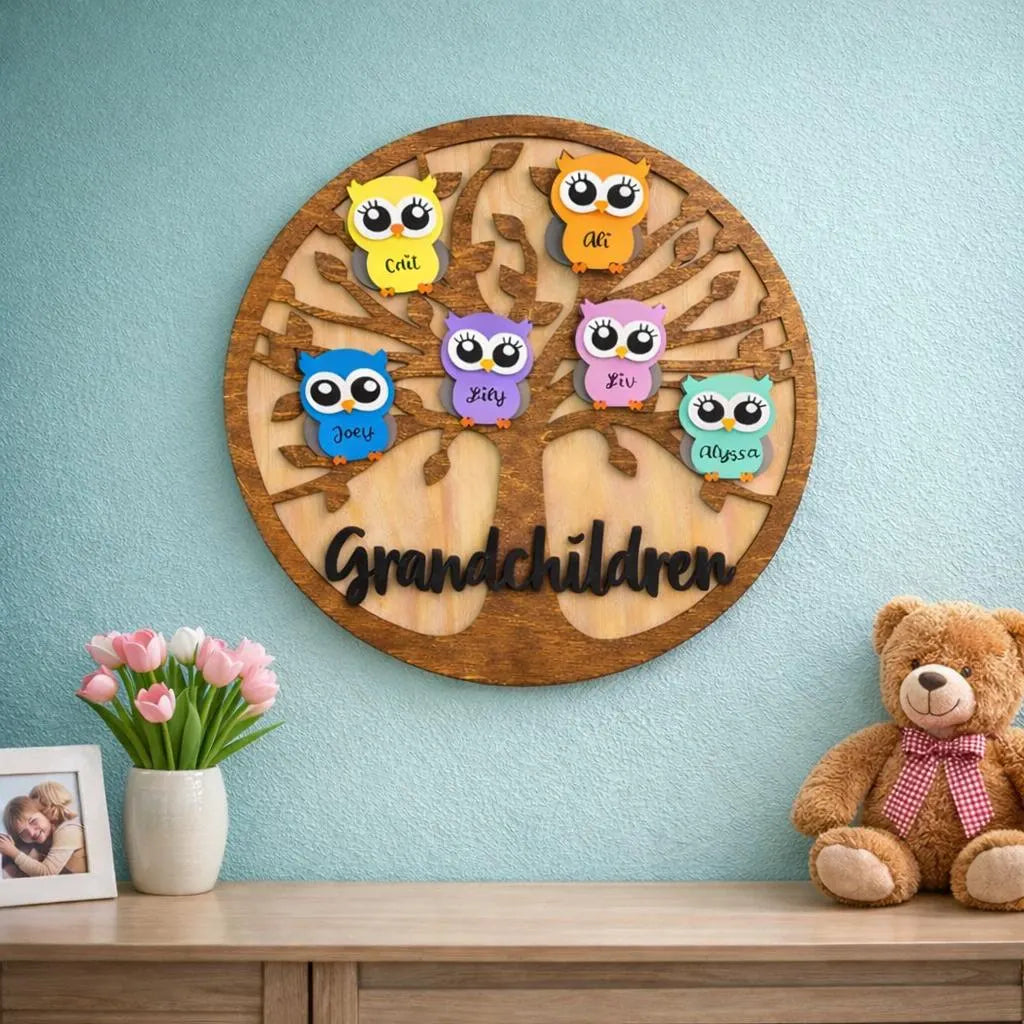 Personalized Grandchildren/Family Owl Tree Sign: Custom Wood Tree, Grandma Gift Handmade 3D Wood Sign