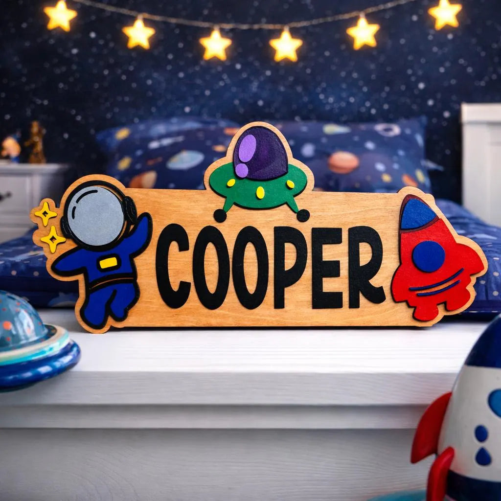 Space Themed Name Sign – Personalized Astronaut & Rocket Wall Decor – Layered Wood Kids Room Gift