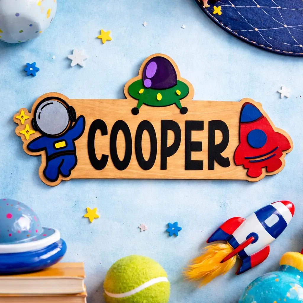 Space Themed Name Sign – Personalized Astronaut & Rocket Wall Decor – Layered Wood Kids Room Gift
