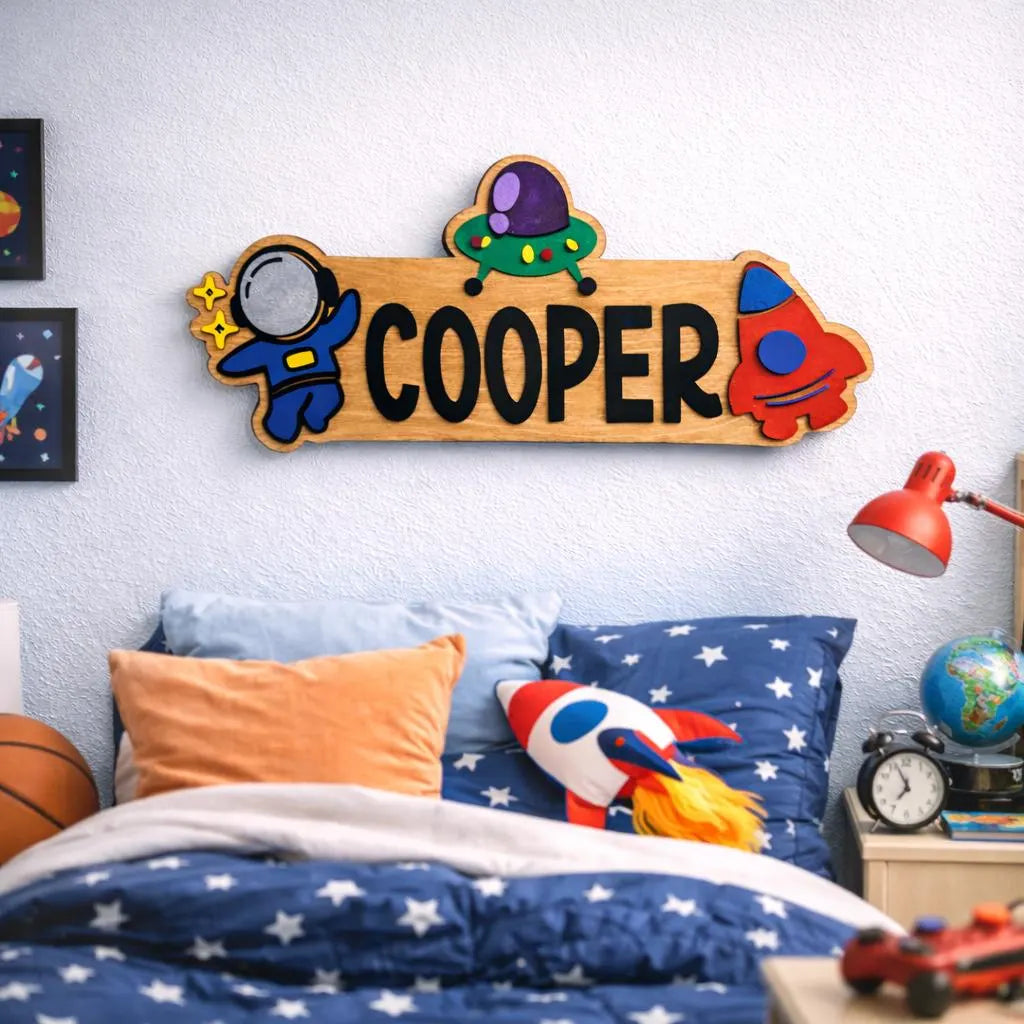 Space Themed Name Sign – Personalized Astronaut & Rocket Wall Decor – Layered Wood Kids Room Gift