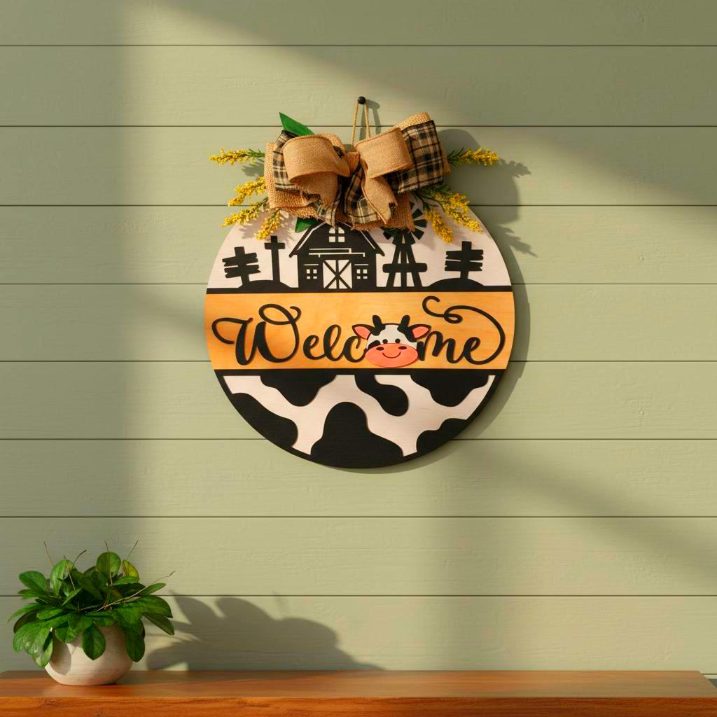 Farmhouse Cow Welcome Sign – Round Wooden Door Hanger with Bow – Country Porch Decor