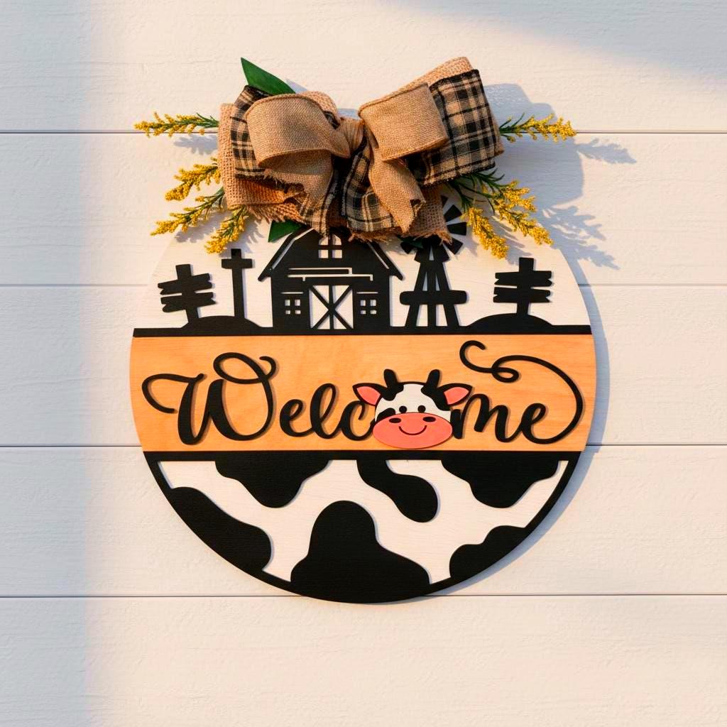 Farmhouse Cow Welcome Sign – Round Wooden Door Hanger with Bow – Country Porch Decor