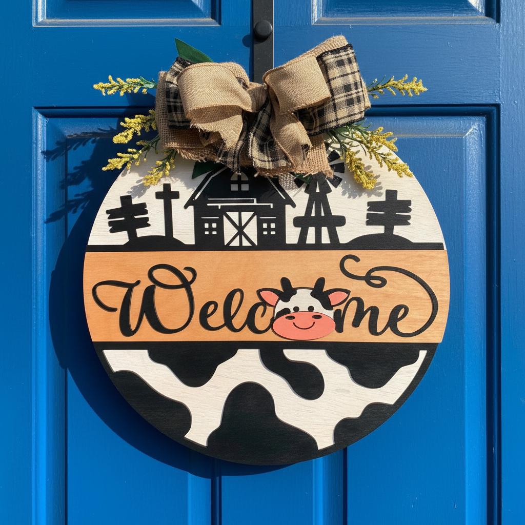 Farmhouse Cow Welcome Sign – Round Wooden Door Hanger with Bow – Country Porch Decor