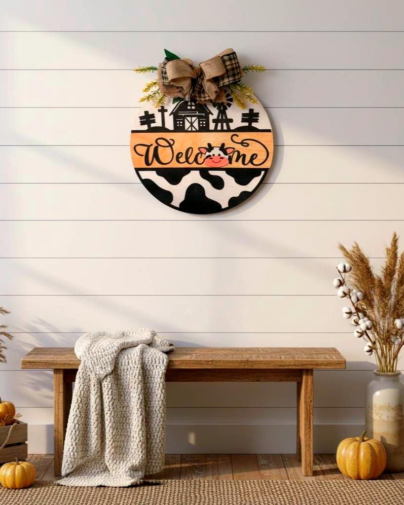 Farmhouse Cow Welcome Sign – Round Wooden Door Hanger with Bow – Country Porch Decor