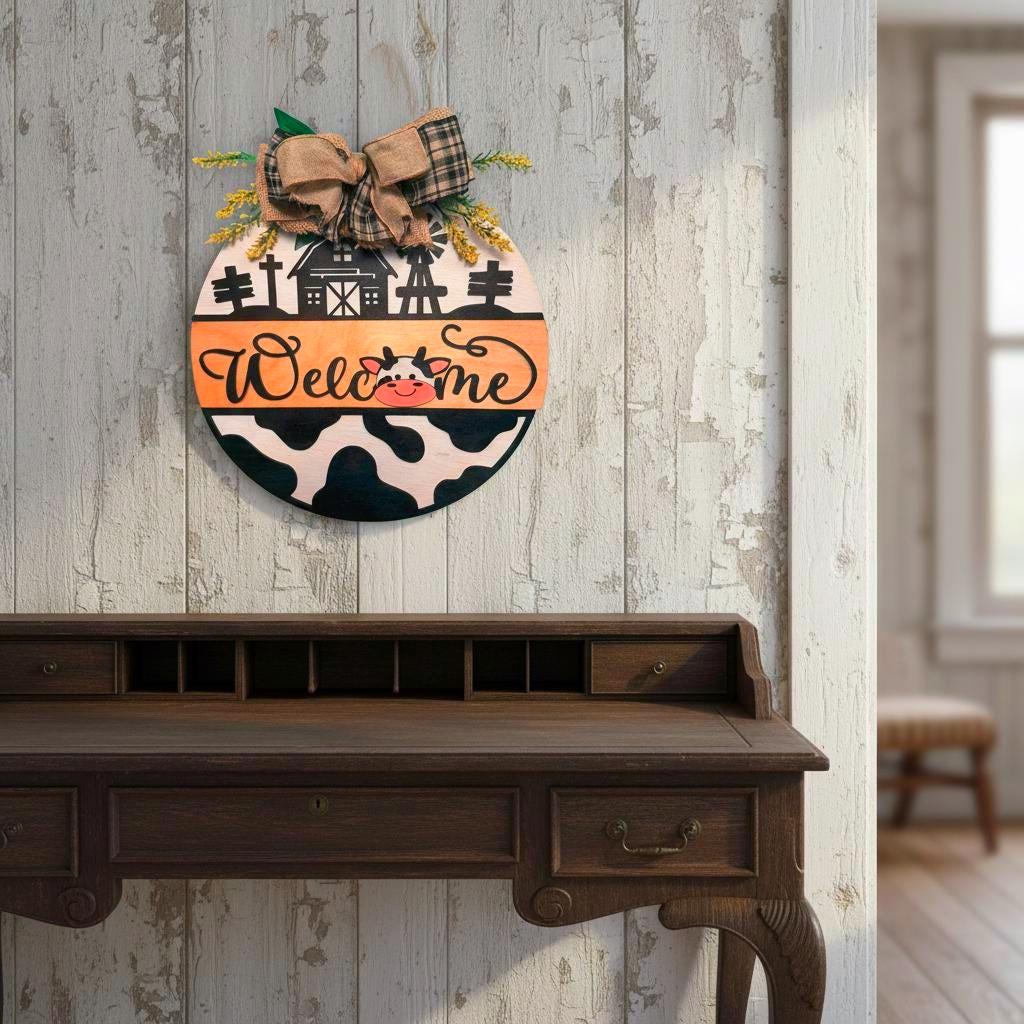 Farmhouse Cow Welcome Sign – Round Wooden Door Hanger with Bow – Country Porch Decor