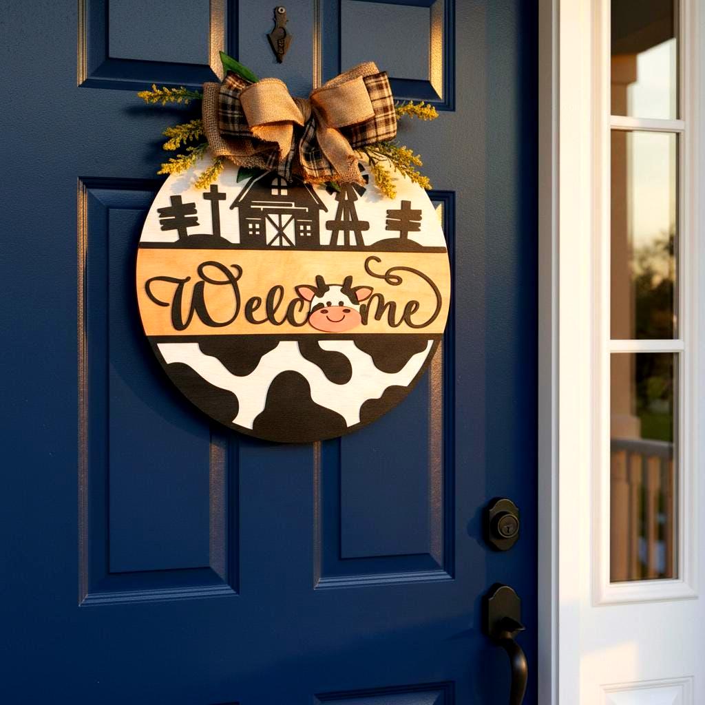 Farmhouse Cow Welcome Sign – Round Wooden Door Hanger with Bow – Country Porch Decor