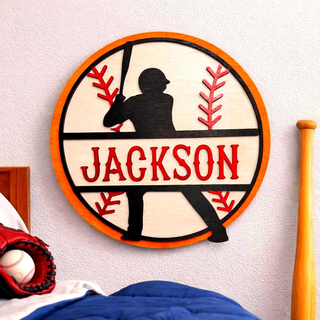 Personalized Baseball Name Sign – Layered Wood Player Silhouette, Sports Decor Handmade 3D Wood Sign