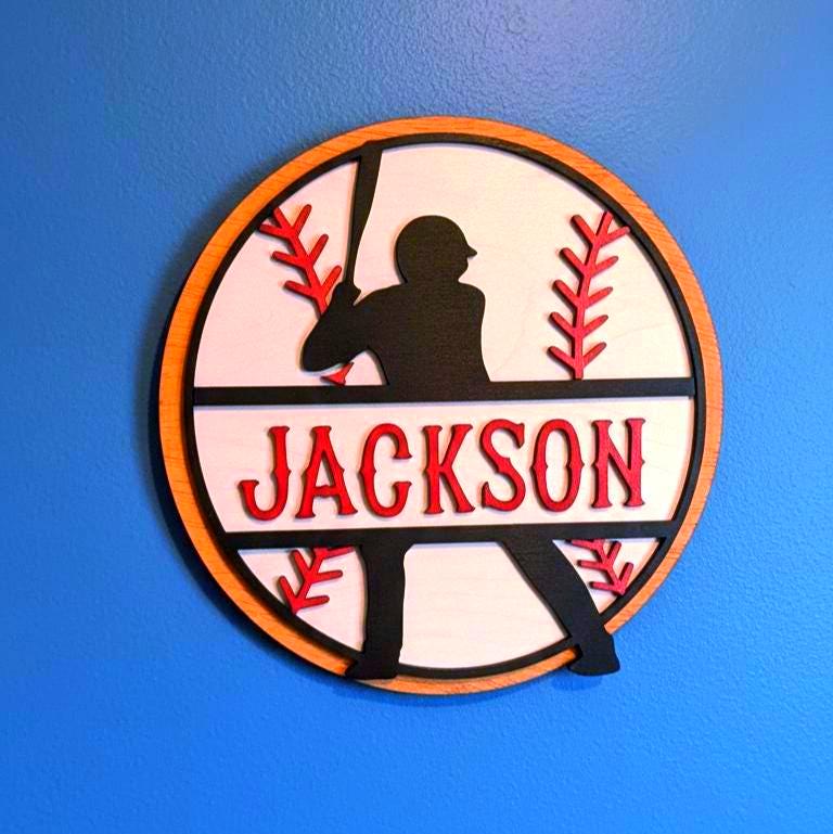 Personalized Baseball Name Sign – Layered Wood Player Silhouette, Sports Decor Handmade 3D Wood Sign