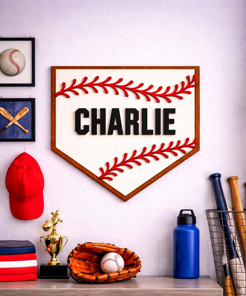 Personalized Baseball Home Plate Sign: Custom Name Wooden Wall Decor