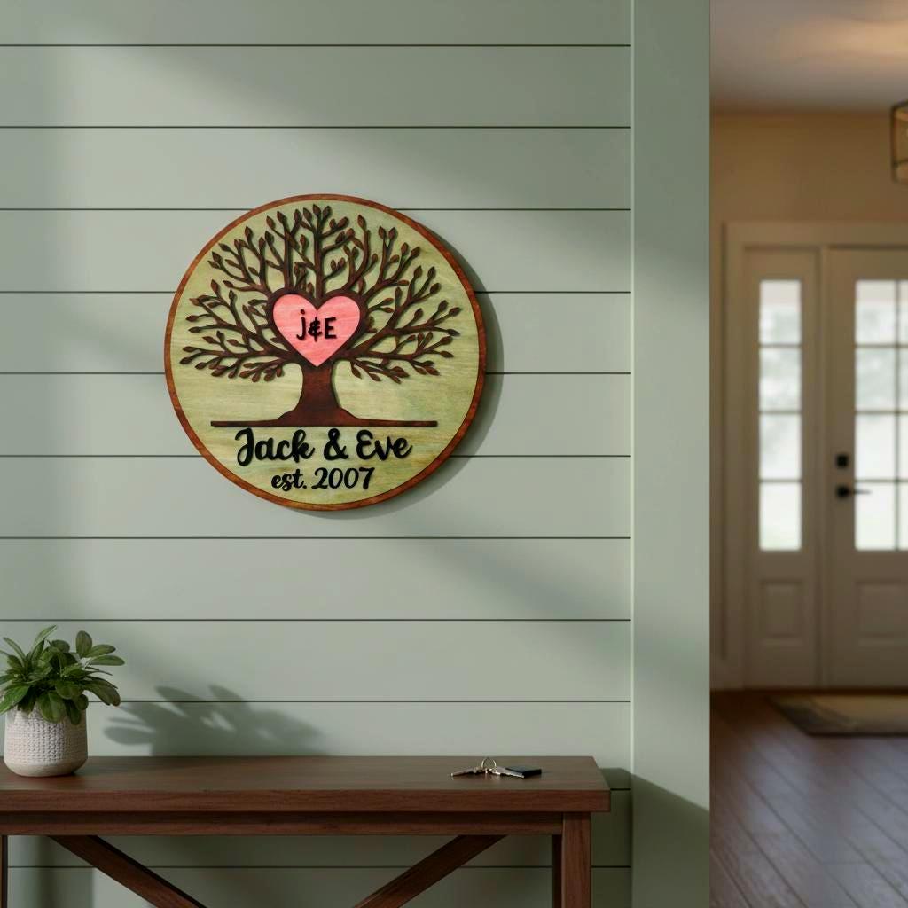 Personalized Tree of Life Wood Sign | Anniversary, Romantic or Love Gift with Initials