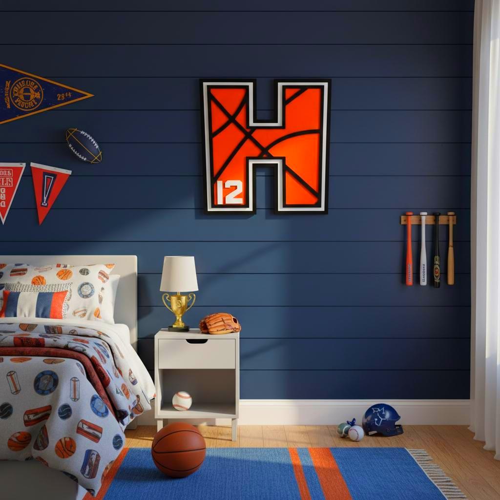 Personalized Basketball Letter Sign: Custom Jersey Letter & Number, Multiple Layer Wood Handmade 3D Wood Sign