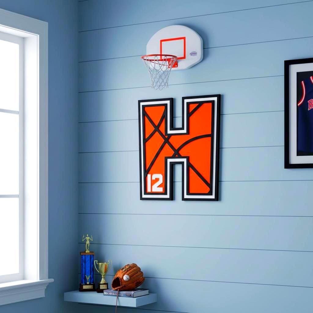 Personalized Basketball Letter Sign: Custom Jersey Letter & Number, Multiple Layer Wood Handmade 3D Wood Sign