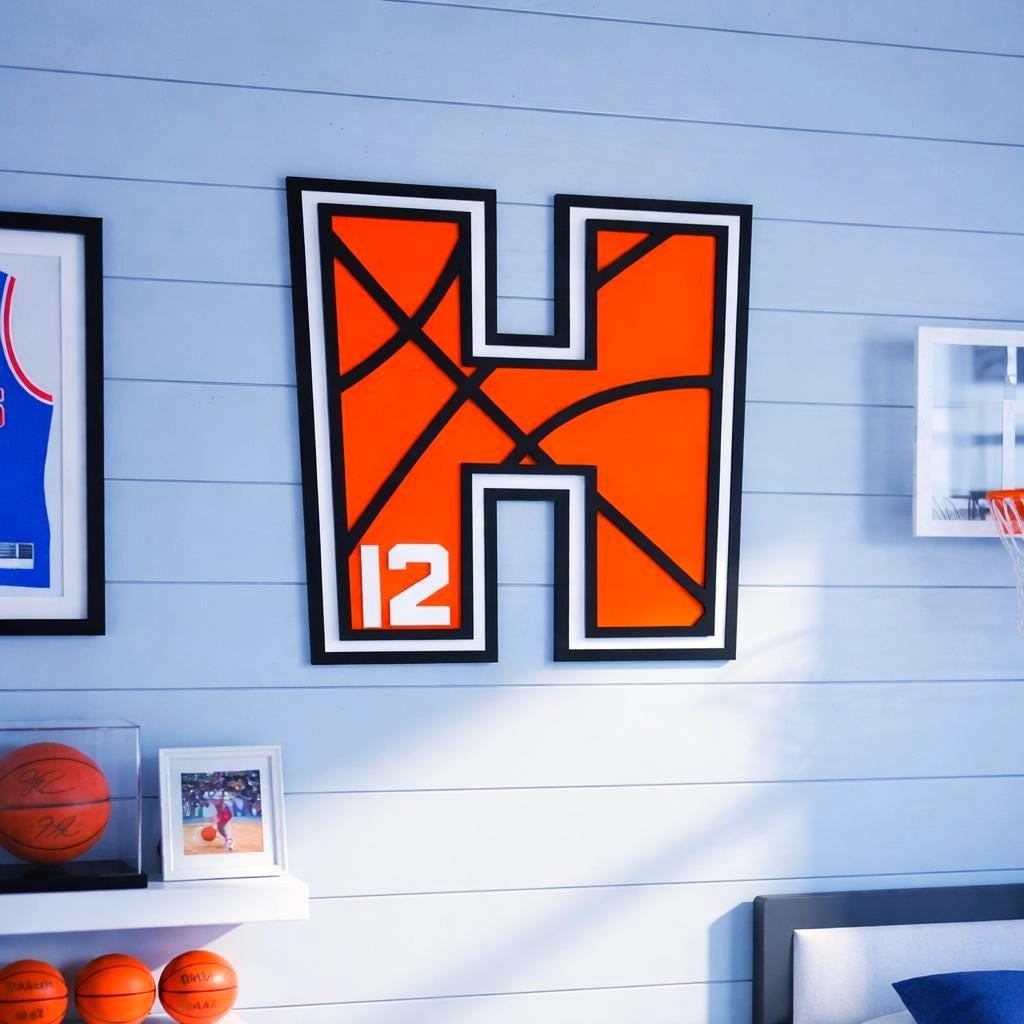 Personalized Basketball Letter Sign: Custom Jersey Letter & Number, Multiple Layer Wood Handmade 3D Wood Sign
