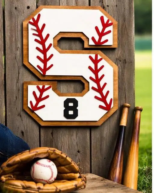 Personalized Baseball Letter Sign with Custom Number • Wooden Sports Wall Hanging • Baseball Room Decor