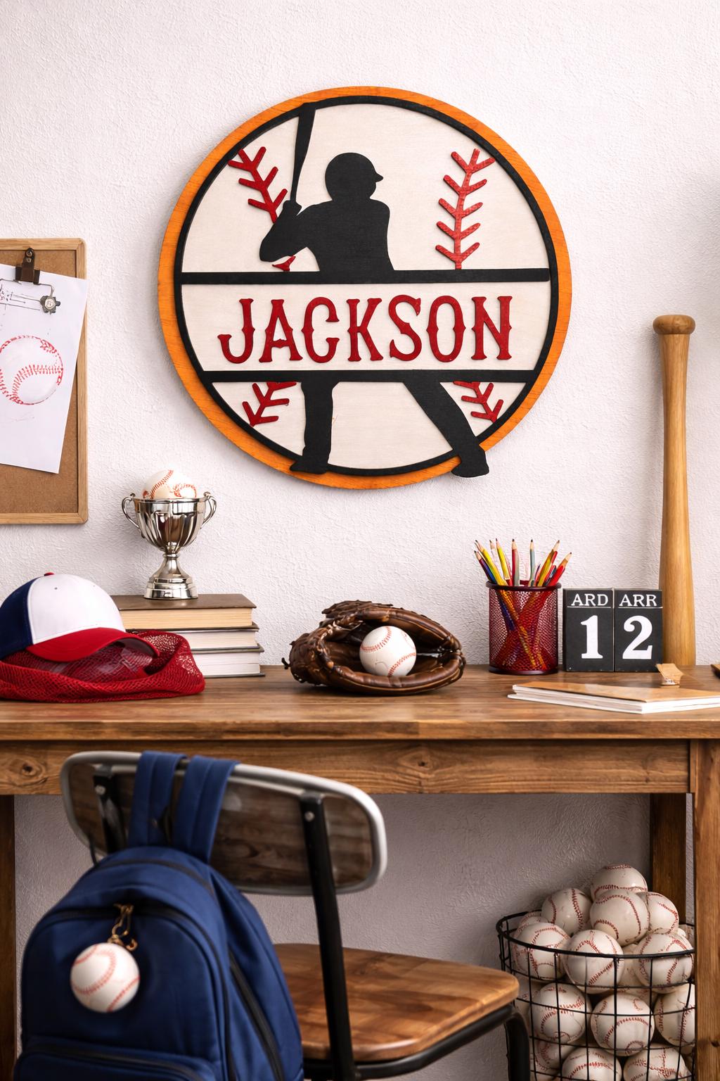 Personalized Baseball Name Sign – Layered Wood Player Silhouette, Sports Decor Handmade 3D Wood Sign