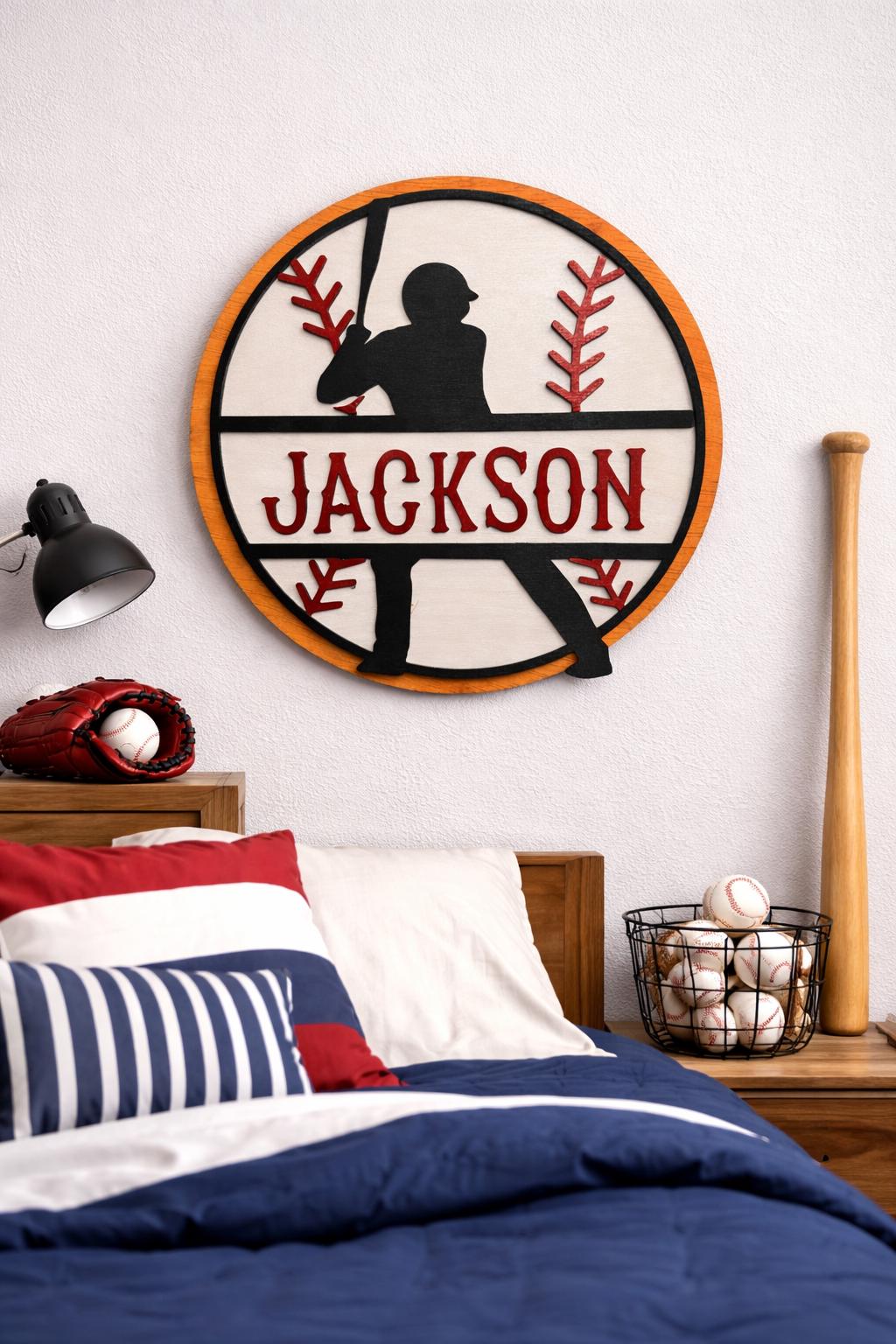 Personalized Baseball Name Sign – Layered Wood Player Silhouette, Sports Decor Handmade 3D Wood Sign