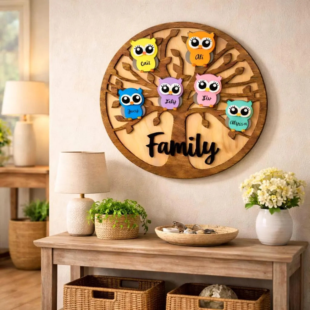 Personalized Grandchildren/Family Owl Tree Sign: Custom Wood Tree, Grandma Gift Handmade 3D Wood Sign