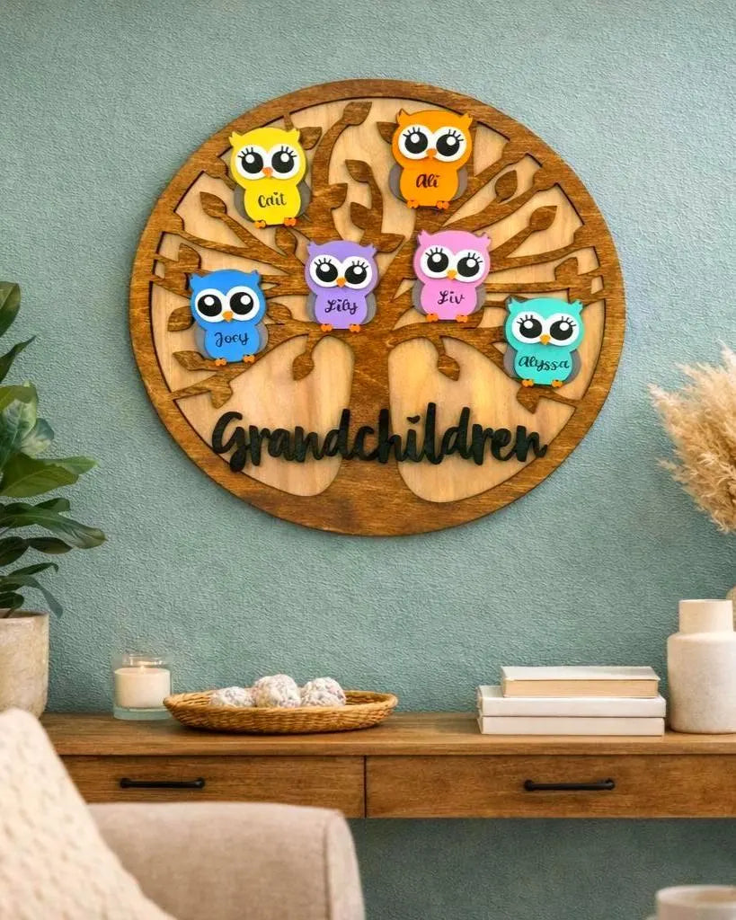 Personalized Grandchildren/Family Owl Tree Sign: Custom Wood Tree, Grandma Gift Handmade 3D Wood Sign