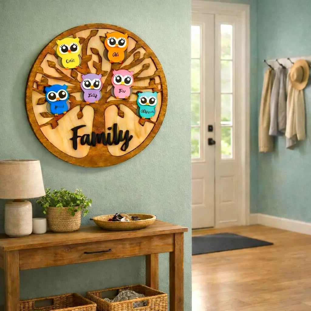 Personalized Grandchildren/Family Owl Tree Sign: Custom Wood Tree, Grandma Gift Handmade 3D Wood Sign