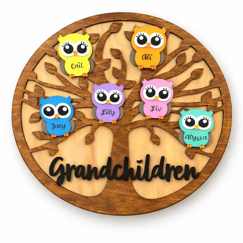Personalized Grandchildren/Family Owl Tree Sign: Custom Wood Tree, Grandma Gift Handmade 3D Wood Sign