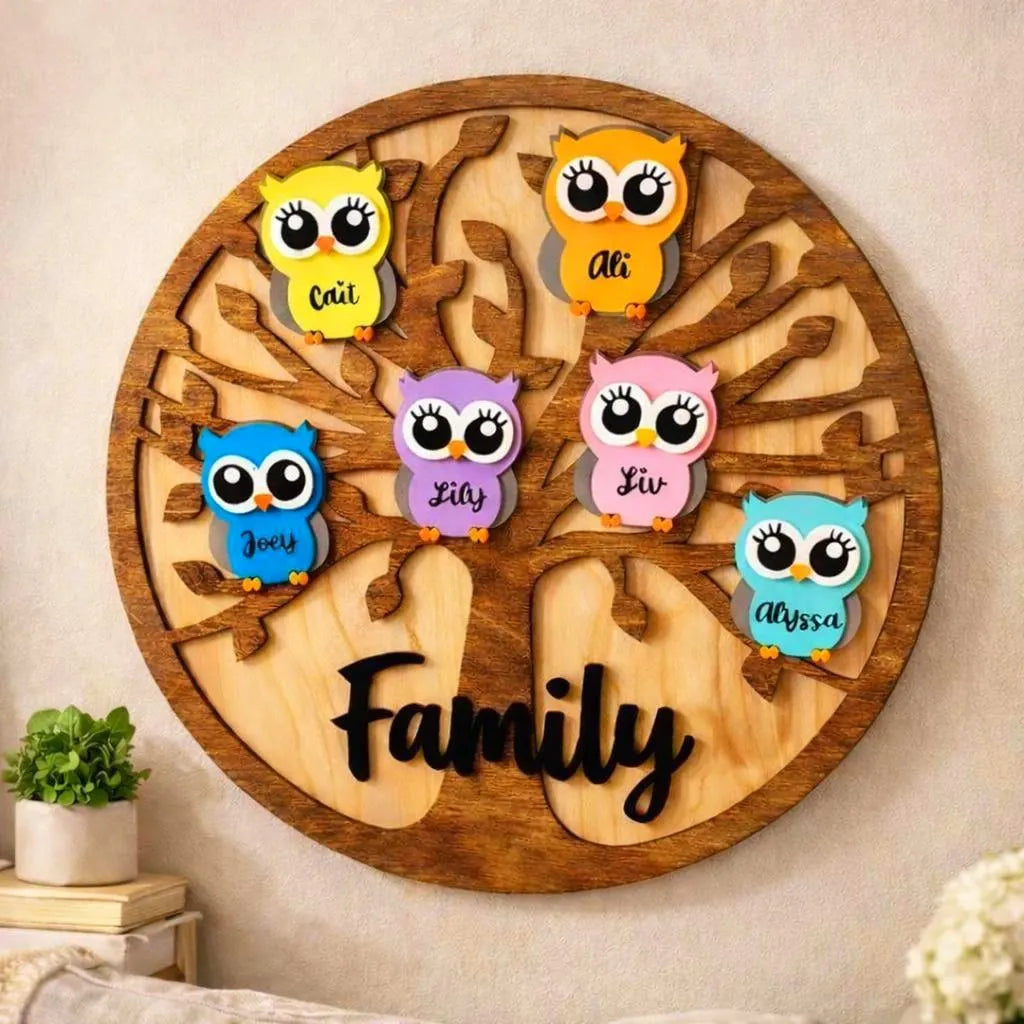 Personalized Grandchildren/Family Owl Tree Sign: Custom Wood Tree, Grandma Gift Handmade 3D Wood Sign