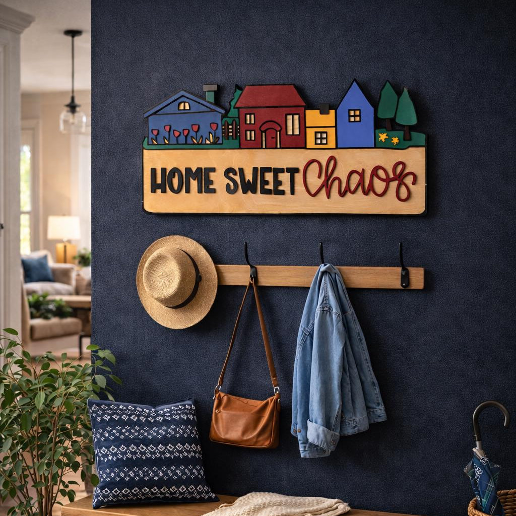 Home Sweet Chaos Sign • Handmade Layered Wood House Scene Decor • Colorful Family Home Gift Handmade 3D Wood Sign