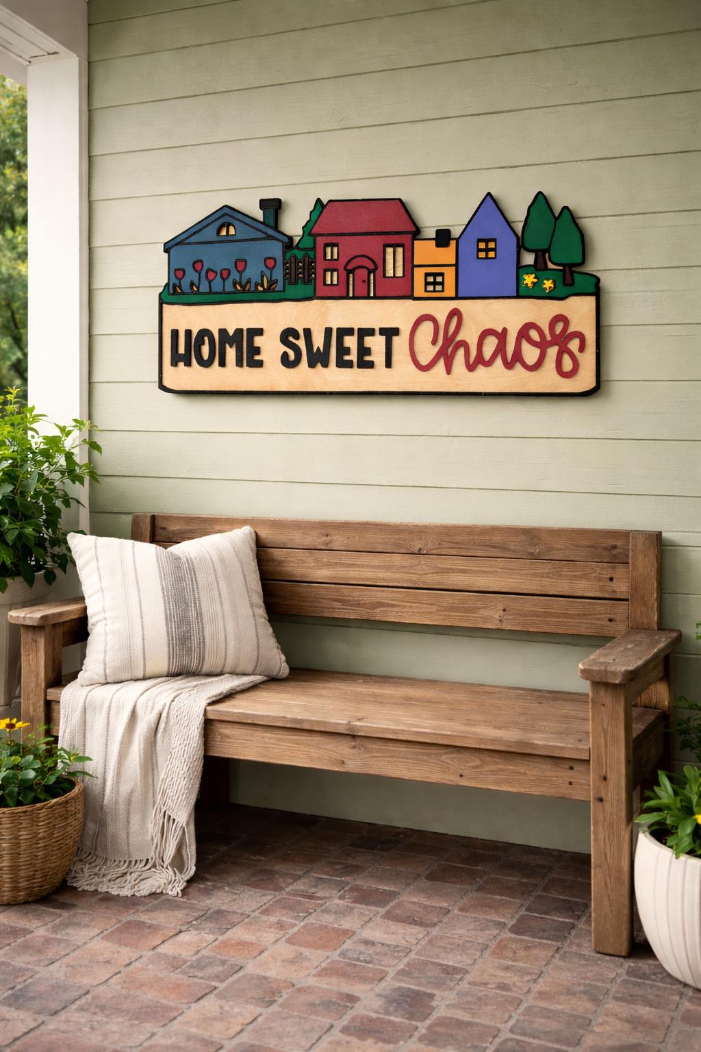 Home Sweet Chaos Sign • Handmade Layered Wood House Scene Decor • Colorful Family Home Gift Handmade 3D Wood Sign