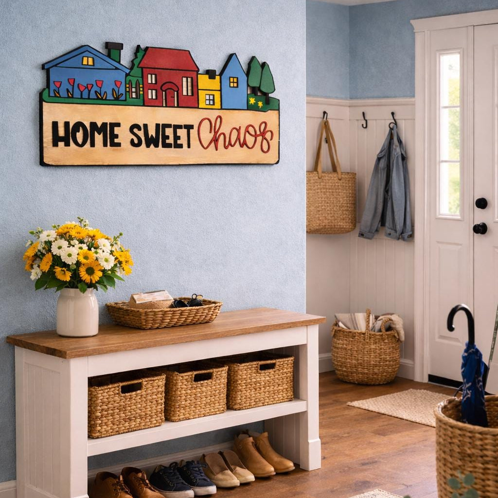 Home Sweet Chaos Sign • Handmade Layered Wood House Scene Decor • Colorful Family Home Gift Handmade 3D Wood Sign