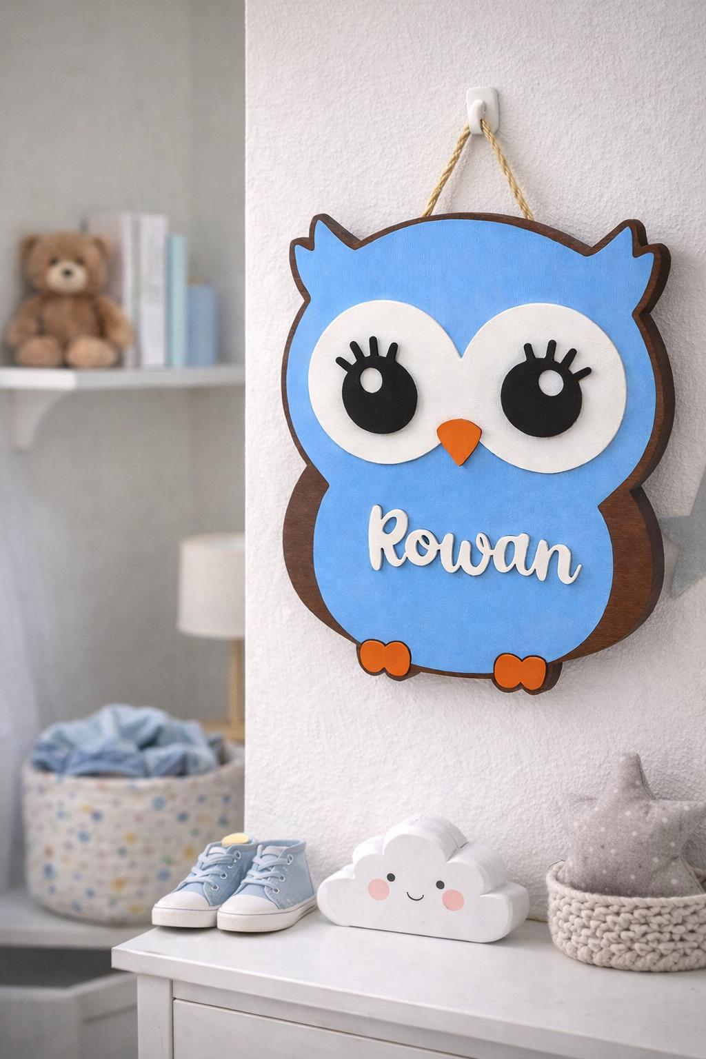 Personalized Owl Name Sign for Nursery, Custom Wooden Decor, Unique Baby & Kids Wall Owl