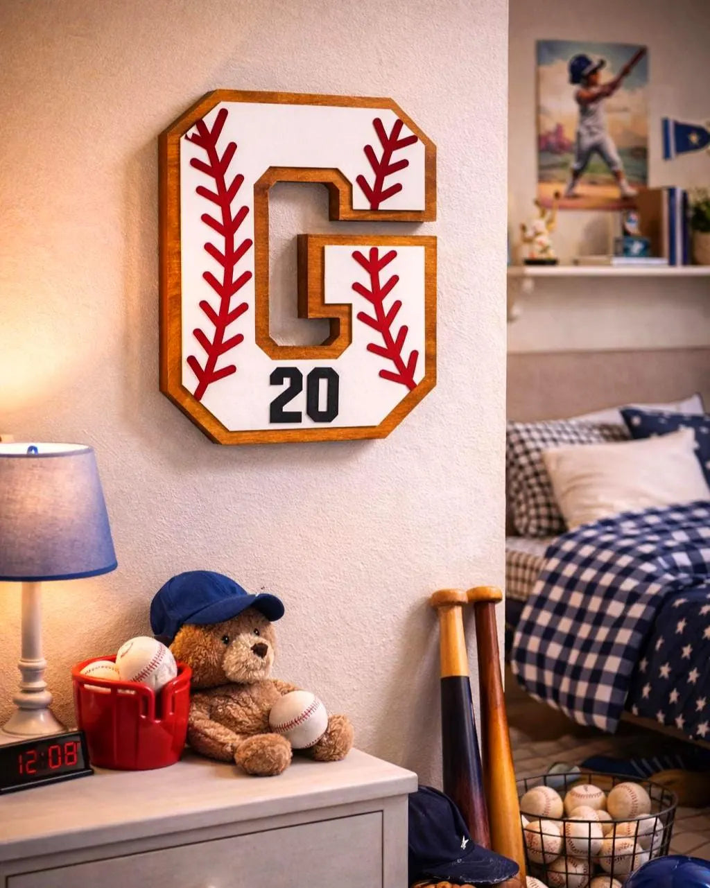 Personalized Baseball Letter Sign with Custom Number • Wooden Sports Wall Hanging • Baseball Room Decor