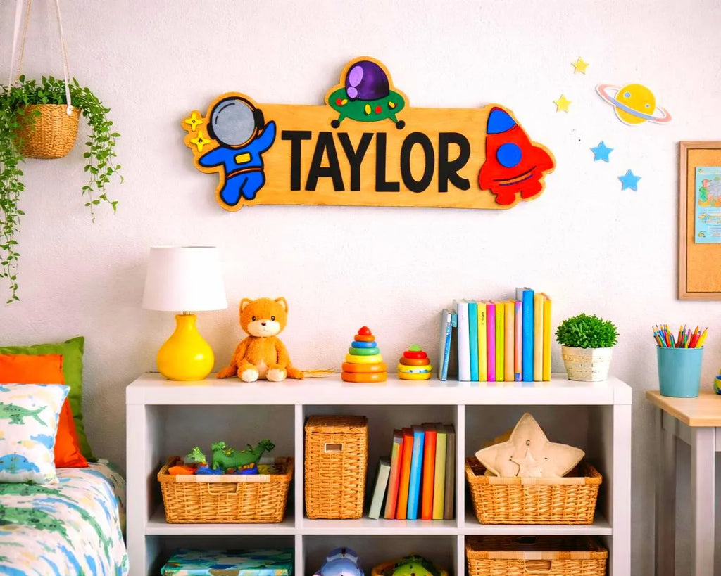 Space Themed Name Sign – Personalized Astronaut & Rocket Wall Decor – Layered Wood Kids Room Gift