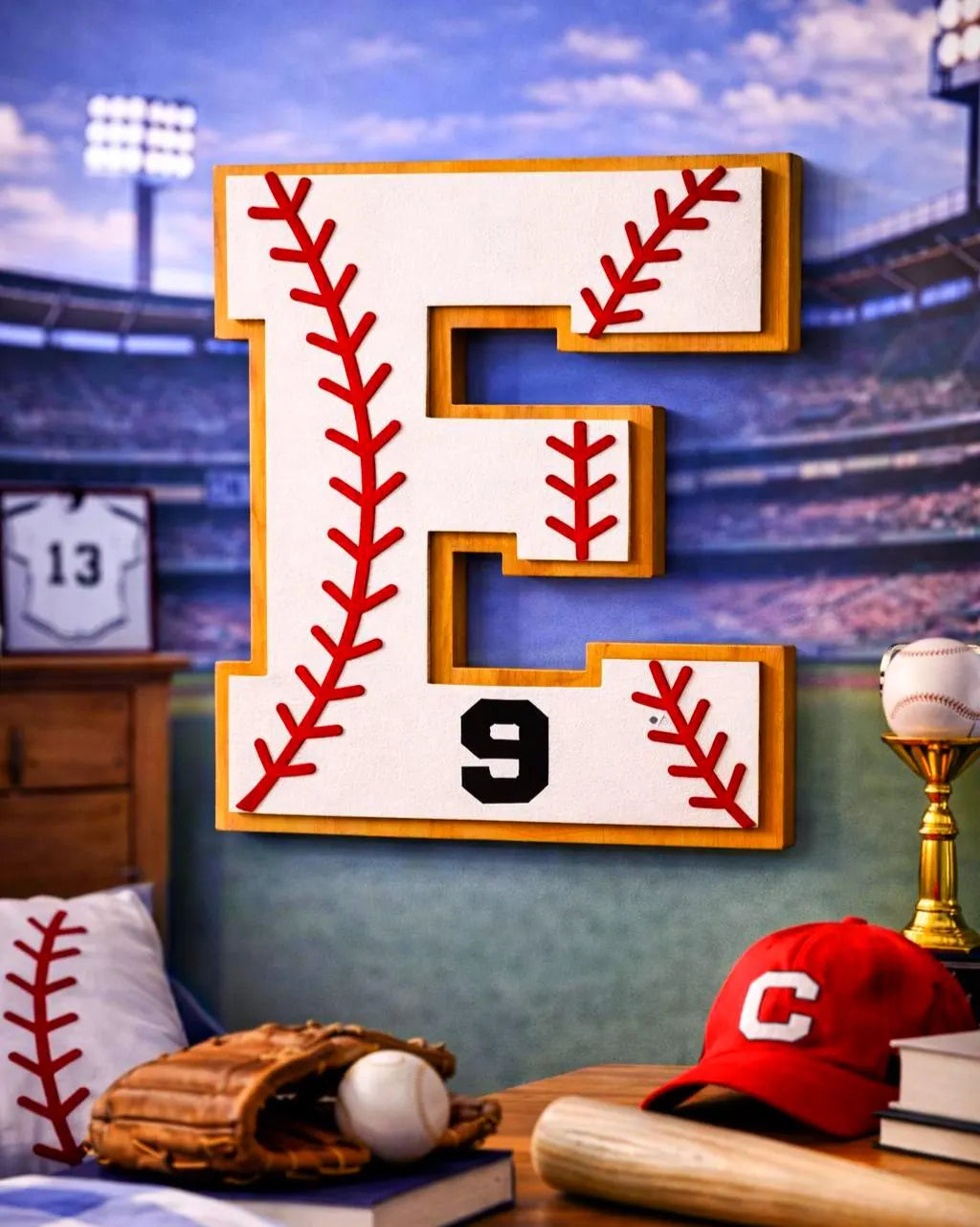Personalized Baseball Letter Sign with Custom Number • Wooden Sports Wall Hanging • Baseball Room Decor