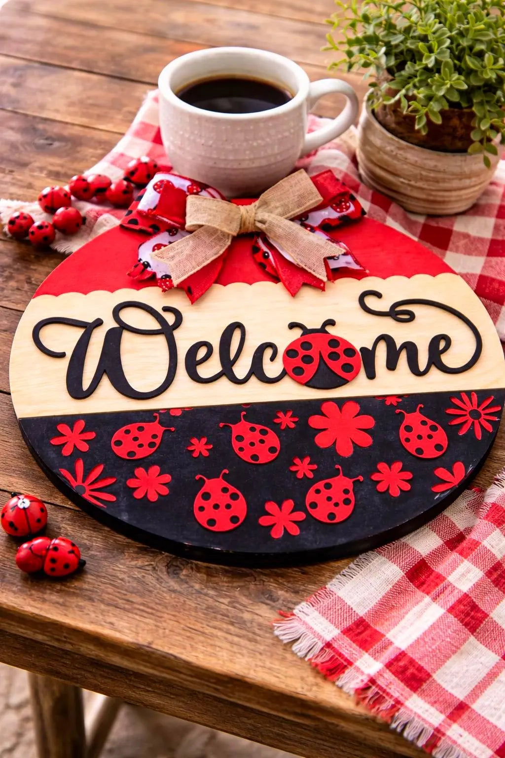 Ladybug Welcome Sign | Spring Door Hanger | Handmade Spring & Summer Decor Handmade Wood Door Hanger