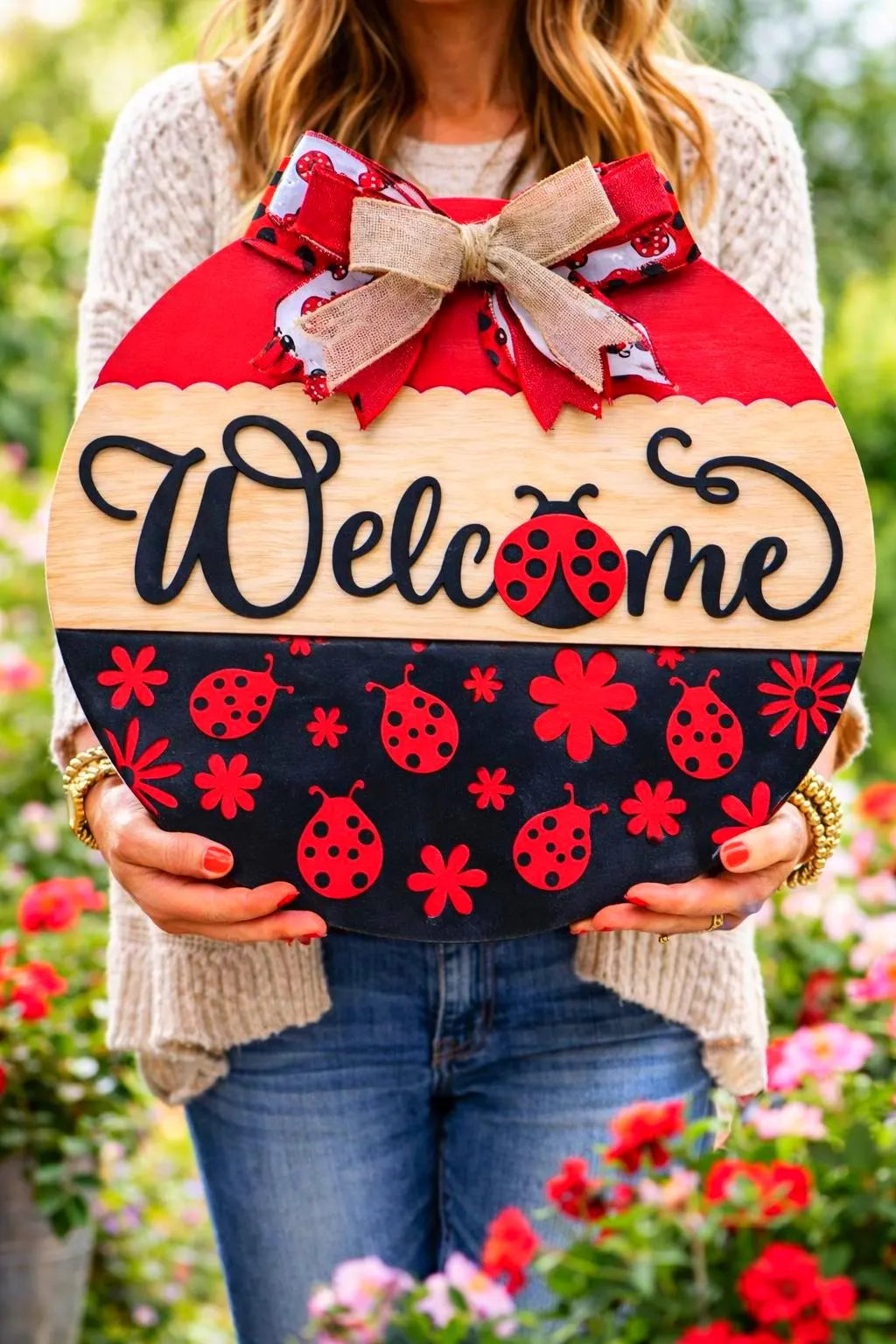 Ladybug Welcome Sign | Spring Door Hanger | Handmade Spring & Summer Decor Handmade Wood Door Hanger