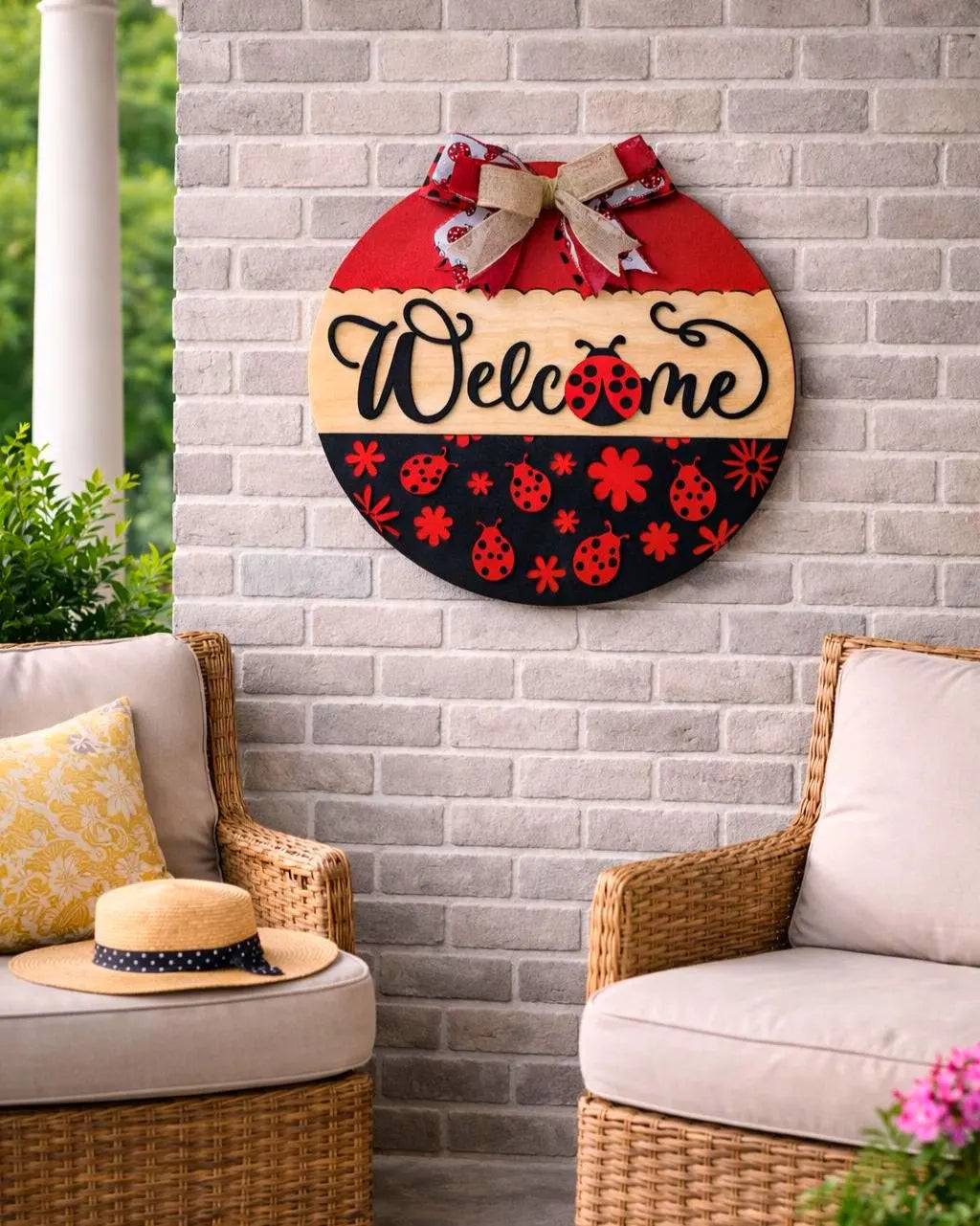 Ladybug Welcome Sign | Spring Door Hanger | Handmade Spring & Summer Decor Handmade Wood Door Hanger