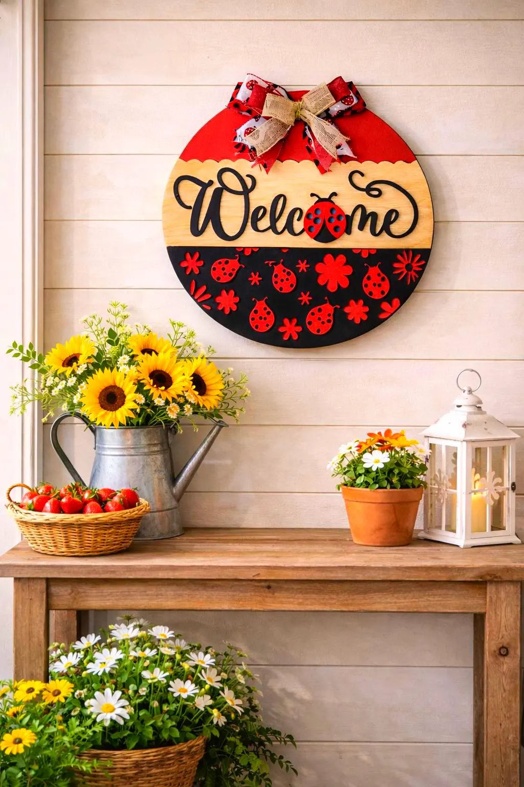 Ladybug Welcome Sign | Spring Door Hanger | Handmade Spring & Summer Decor Handmade Wood Door Hanger